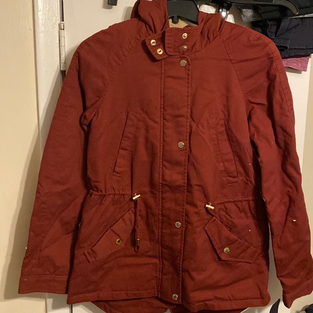 Burgundy coat with insulated hoodie